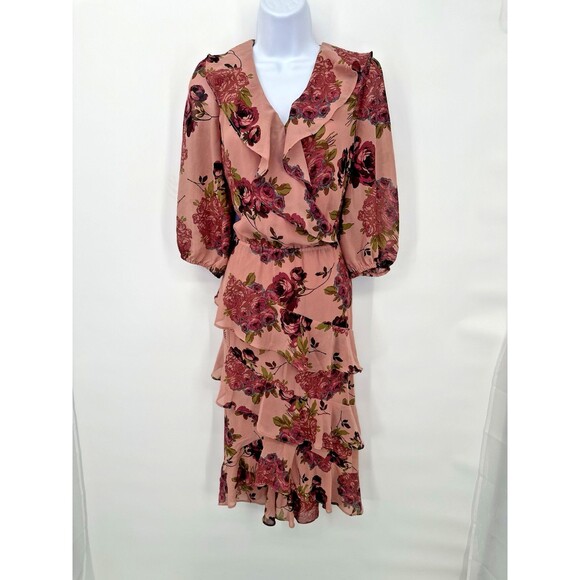 Betsey Johnson Women’s Rose Print Ruffle Cap Sleeve Wrap Midi Dress size8 - Picture 2 of 16